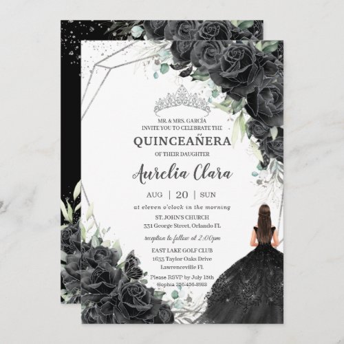 Quinceaera Black Floral Roses Dress Silver Crown Invitation