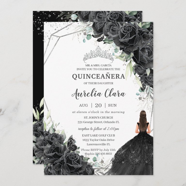 Quincea&#241;era Black Floral Roses Dress Silver Crown Invitation