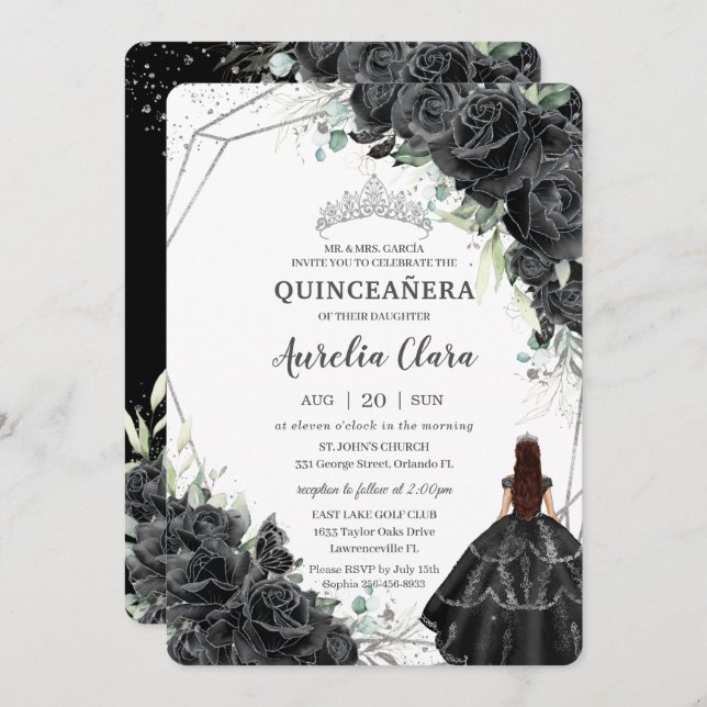 Quinceañera Black Floral Roses Gown Silver Crown Invitation (Front/Back)