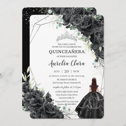 Quinceaera Black Floral Roses Gown Silver Crown Invitation