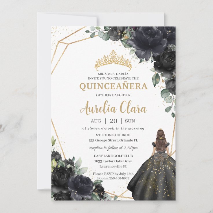 Quinceañera Black Floral Roses Princess Gold Crown Invitation | Zazzle