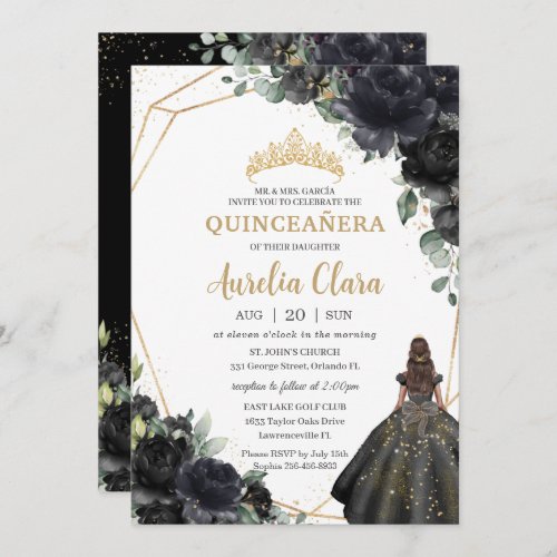 Quinceaera Black Floral Roses Princess Gold Crown Invitation
