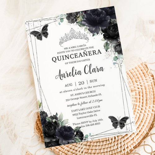Quinceaera Black Floral Roses Princess Silver Invitation