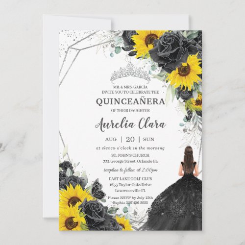 Quinceaera Black Floral Roses Sunflower Silver Invitation