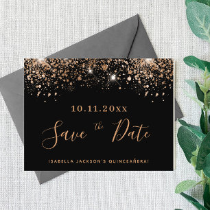 Quinceanera black glitter budget save the date flyer