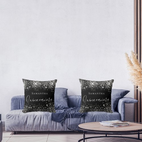 Quinceanera black glitter silver name script throw pillow