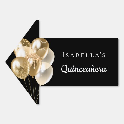 Quinceanera black gold balloons name arrow sign