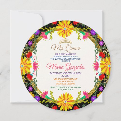 Quinceanera Black Gold Colorful Floral Birthday Invitation