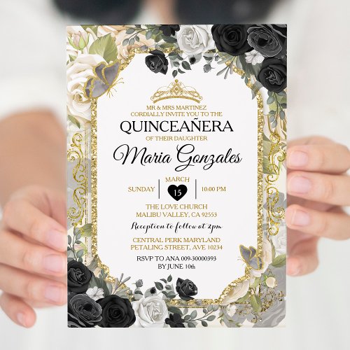 Quinceaera Black  Gold Crown Mexican Butterfly Invitation