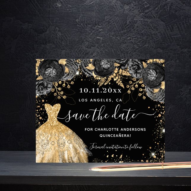 Quinceanera black gold dress budget save the date flyer (Creator Uploaded)