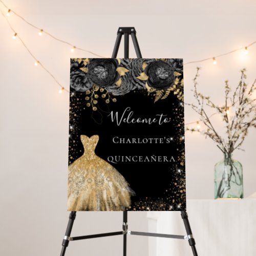 Quinceanera black gold dress floral welcome foam board
