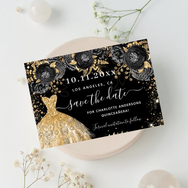 Quinceanera black gold dress florals glamorous save the date (Creator Uploaded)