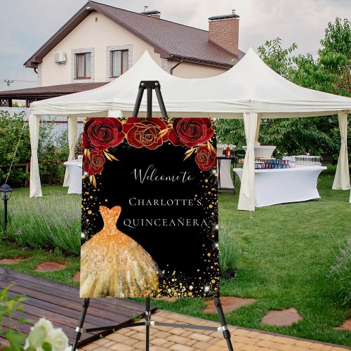 Quinceanera black gold dress red floral  welcome foam board