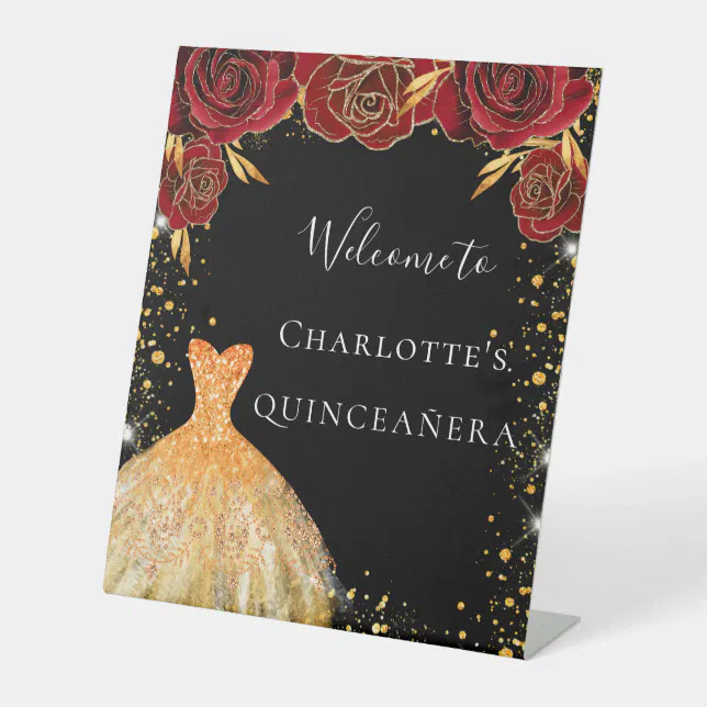 Quinceanera black gold dress red floral welcome pedestal sign | Zazzle