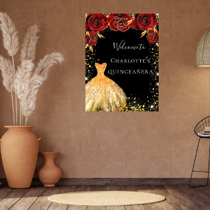 Quinceanera black gold dress red floral  welcome poster