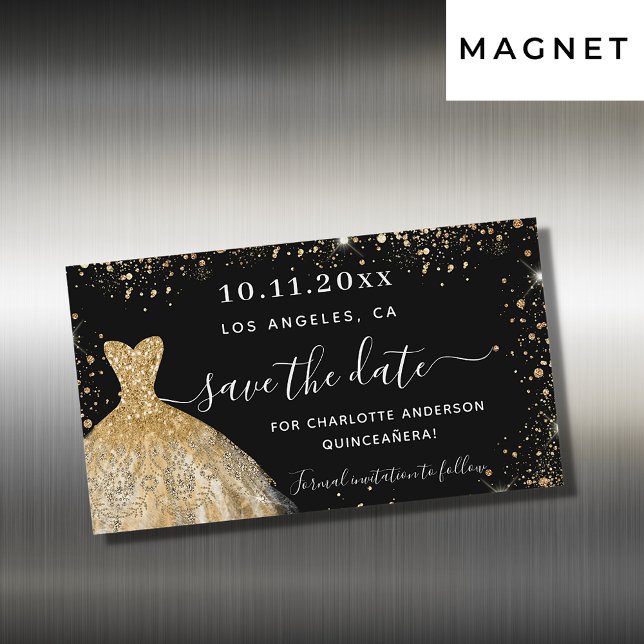 Quinceanera black gold dress save the date magnet (Creator Uploaded)