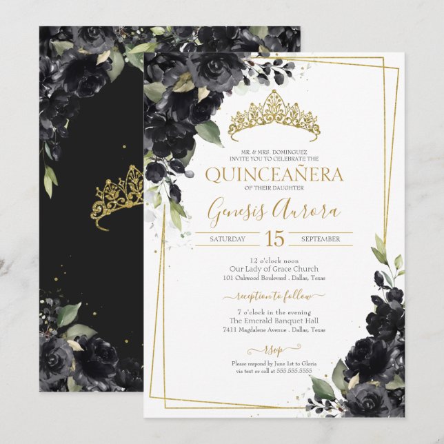 Quinceañera Black & Gold Elegant Watercolor Floral Invitation (Front/Back)