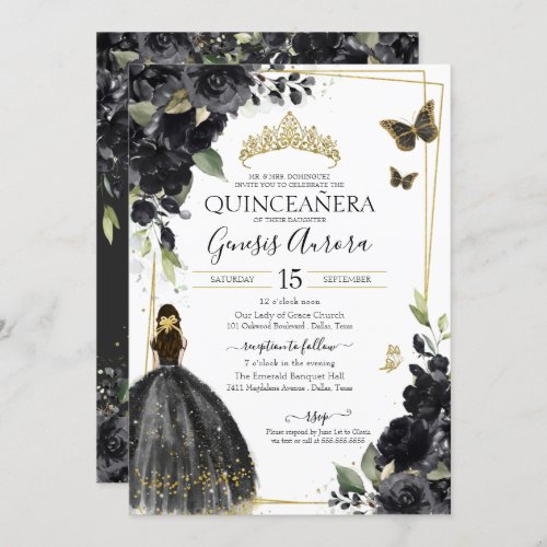 Quinceaera Black Gold Flowers Quince Dress Invitation