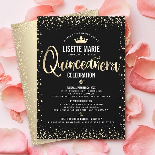 Quinceaera Black Gold Foil Glitter Princess Crown Invitation