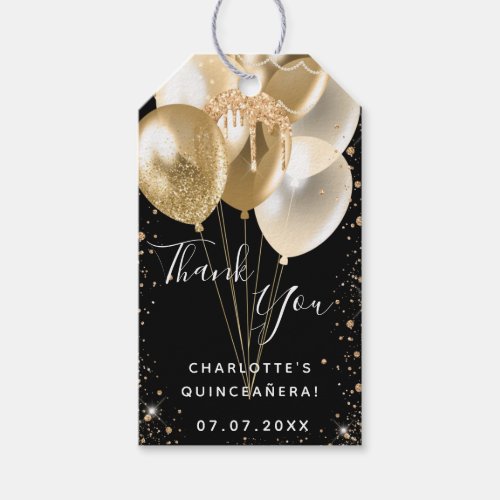Quinceanera black gold glitter balloon thank you gift tags