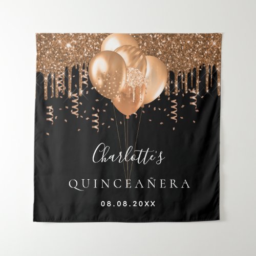 Quinceanera black gold glitter balloons party tapestry