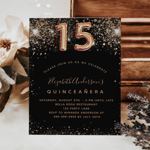 Quinceanera black gold glitter budget invitation flyer