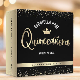 Quinceañera Black Gold Glitter Crown Photo Album 3 Ring Binder