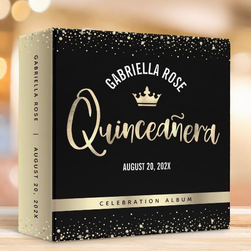 Quinceaera Black Gold Glitter Crown Photo Album 3 Ring Binder