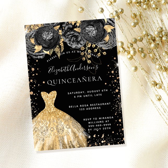 Quinceanera black gold glitter dress florals invitation