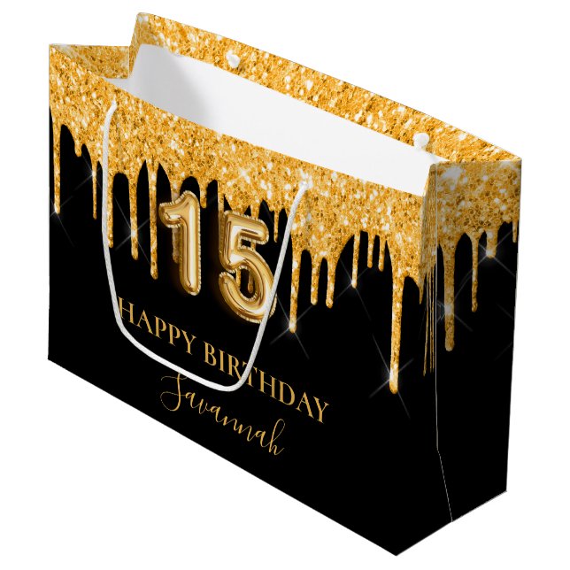 Quinceanera black gold glitter drips name large gift bag (Front Angled)
