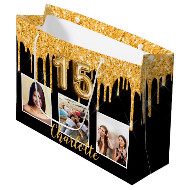 Quinceanera black gold glitter drips photo large gift bag (Front Angled)