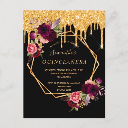 Quinceanera black gold glitter floral invitation postcard