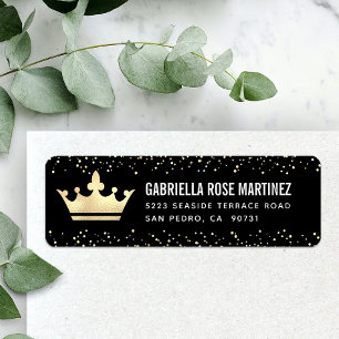 Quinceañera Black Gold Glitter Foil Crown Address Label