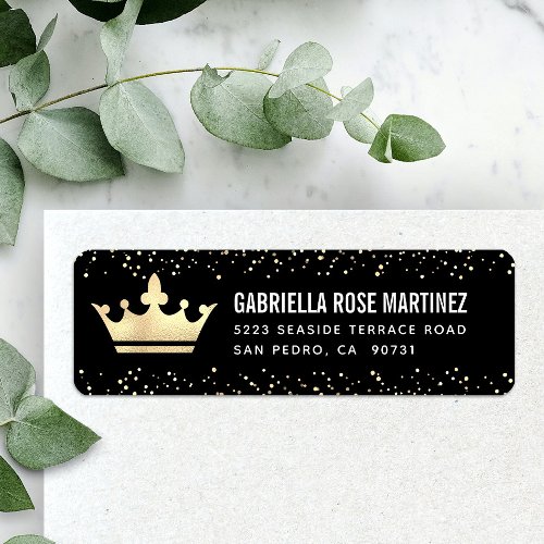 Quinceaera Black Gold Glitter Foil Crown Address  Label