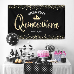 Quinceañera Black Gold Glitter Foil Crown Welcome Banner