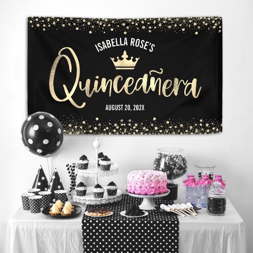 Quinceaera Black Gold Glitter Foil Crown Welcome Banner