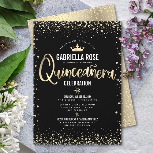 Quinceaera Black Gold Glitter Foil Princess Crown Invitation