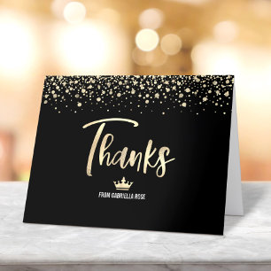 Quinceañera Black Gold Glitter Foil Script Elegant Letterpress Thank You Card