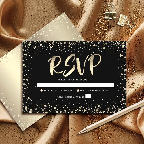 Quinceaera Black Gold Glitter Foil Script Elegant RSVP Card