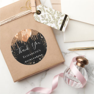 Quinceanera black gold glitter name thank you classic round sticker