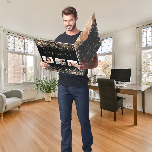 Quinceanera black gold glitter photo balloons card (Creator Uploaded)