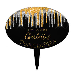 Quinceanera black gold glitter silver name cake topper