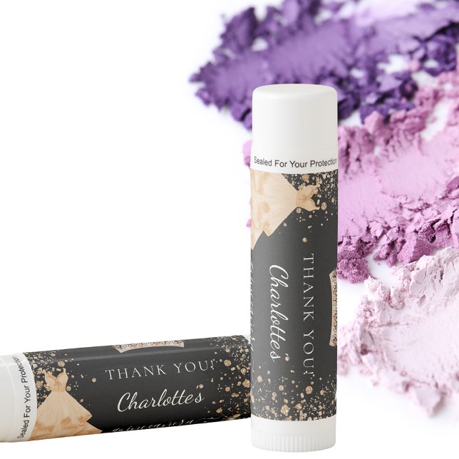 Quinceanera black gold glitter tiara dress favor lip balm (Creator Uploaded)