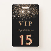 Quinceanera black gold glitter VIP invitation Badge (Front)