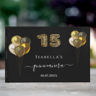 Quinceanera black gold leopard balloons glam guest book