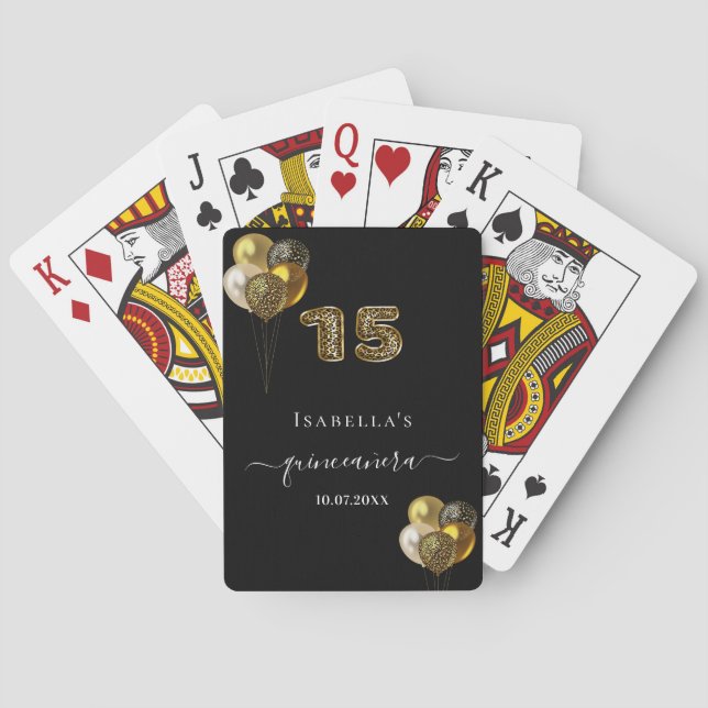 Quinceanera black gold leopard print balloons poker cards (Back)