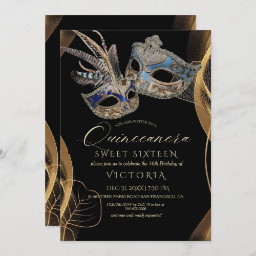 Quinceaera Black Gold Masquerade Birthday Party Invitation