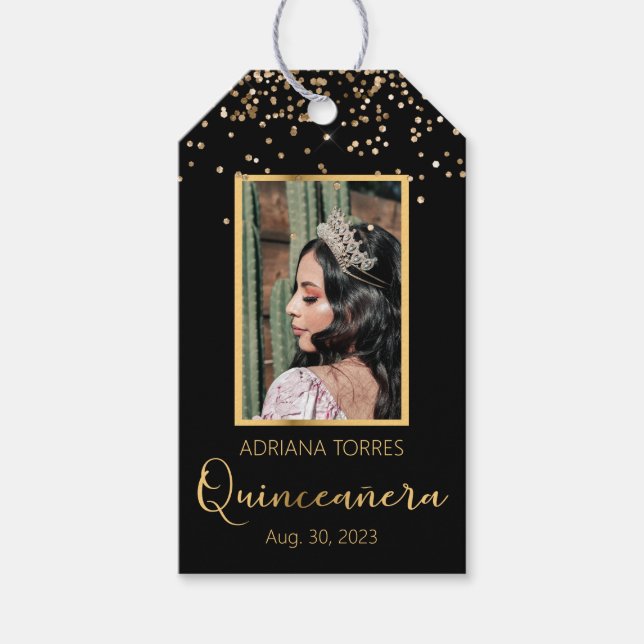Quinceanera Black Gold Photo Favor Gift Tag (Front)