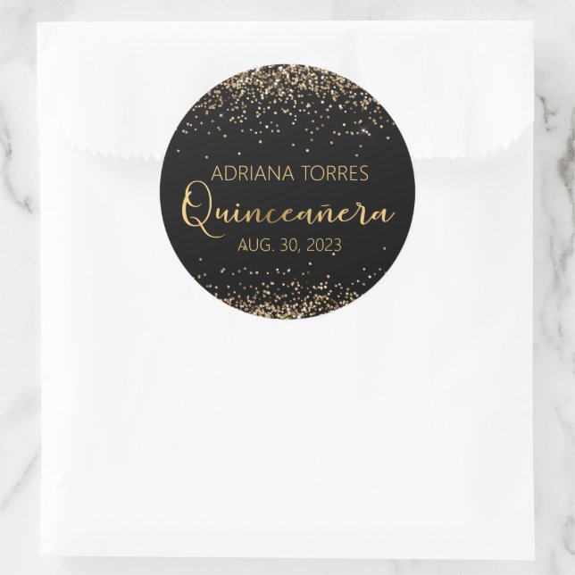 Quinceanera Black Gold Photo Favor Round Sticker (Bag)