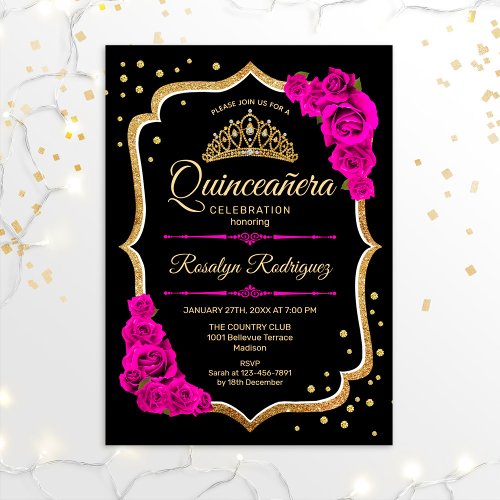 Quinceanera _ Black Gold Pink Invitation